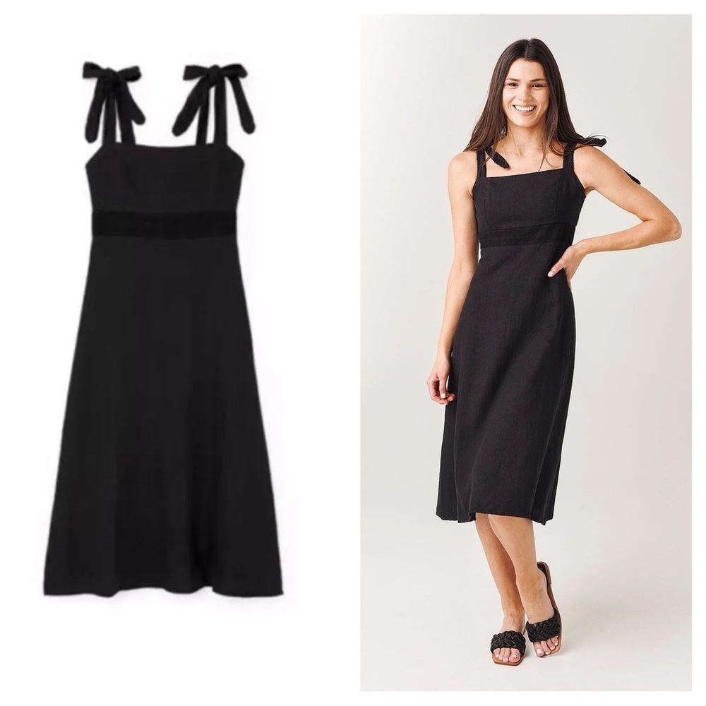 Honorine / Claudette Flared Linen Dress Black midi tie shoulder small S